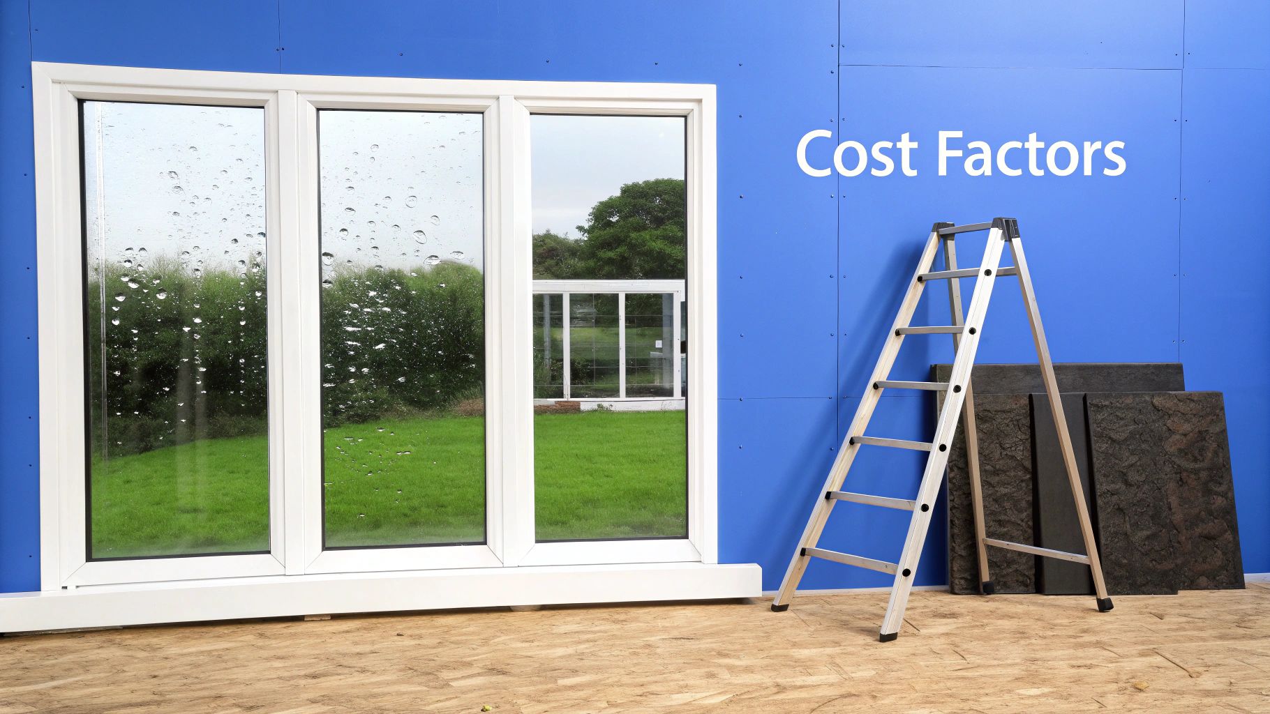 Triple-pane window with raindrops reflects green outdoors, blue wall with 'Cost Factors' text and a ladder.