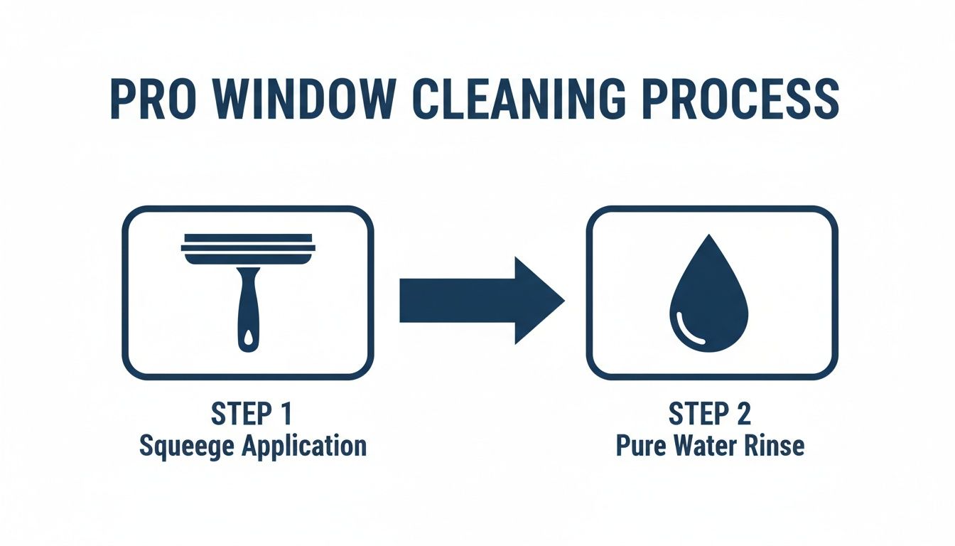 Infographic showing a professional window cleaning process: squeegee application followed by a pure water rinse.