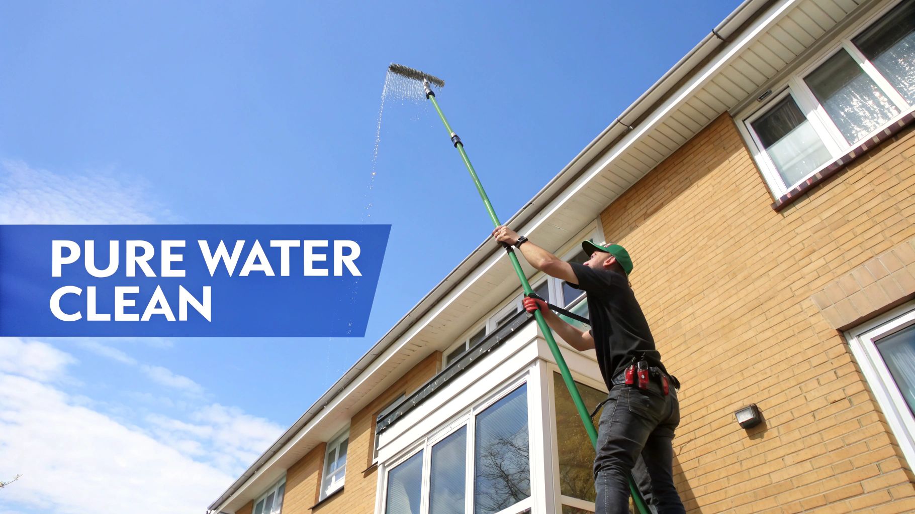 A professional window cleaner uses a long pure water fed pole to clean windows on a brick house.