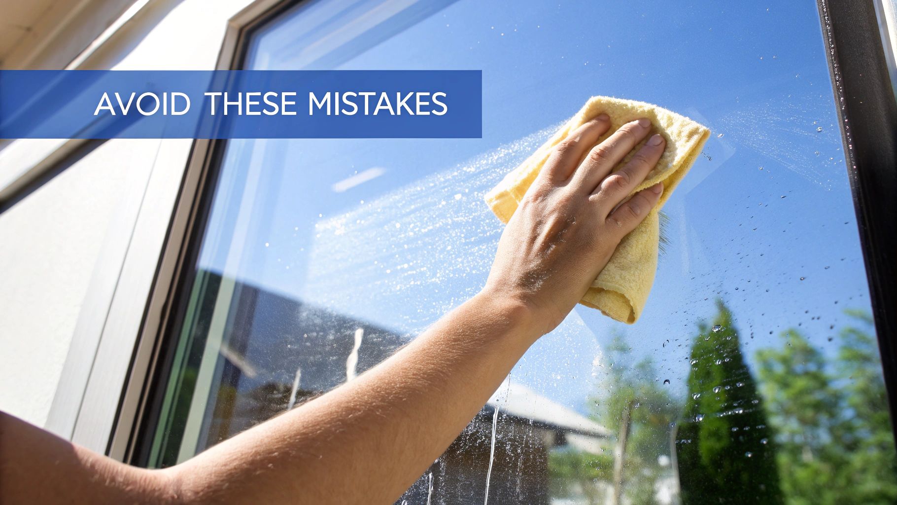 Hand using a yellow cloth to clean a window, leaving streaks and water drops.
