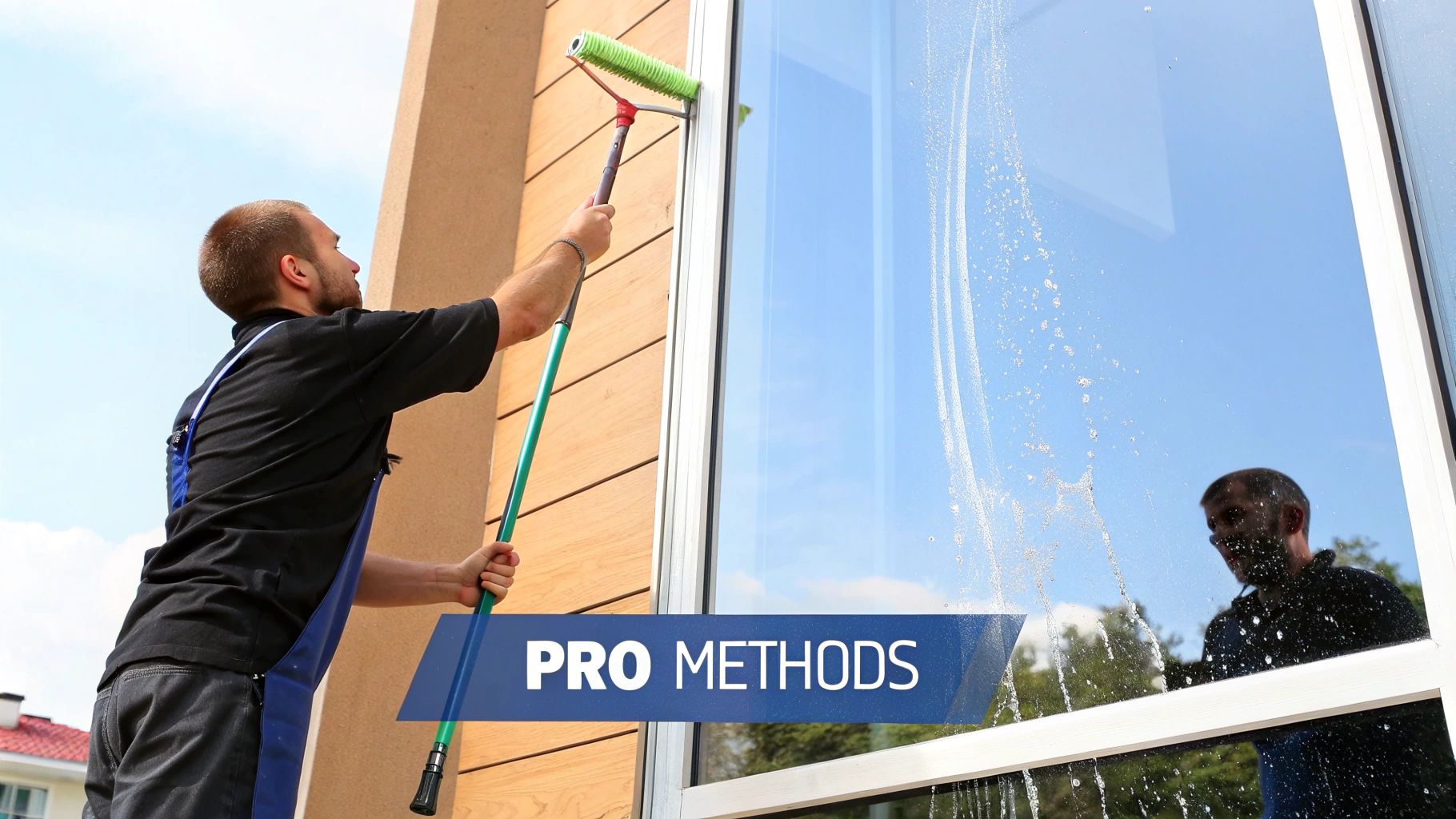A professional window cleaner uses a long-handled brush to wash a large exterior window.