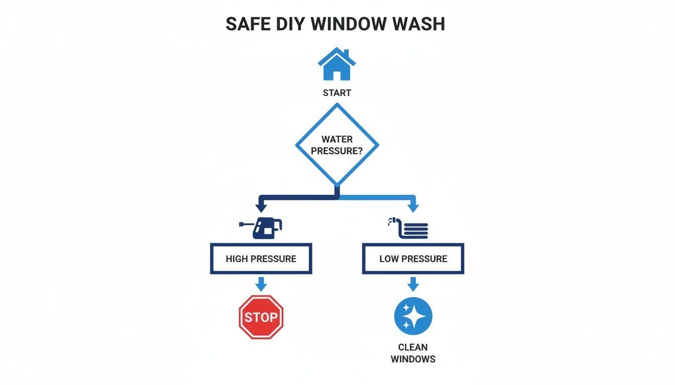 Flowchart illustrating safe DIY window washing, advising low water pressure for cleaning and high pressure to stop.