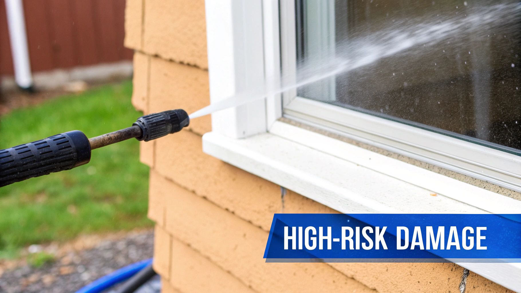 A pressure washer sprays water forcefully at a house window, highlighting the risk of damage.