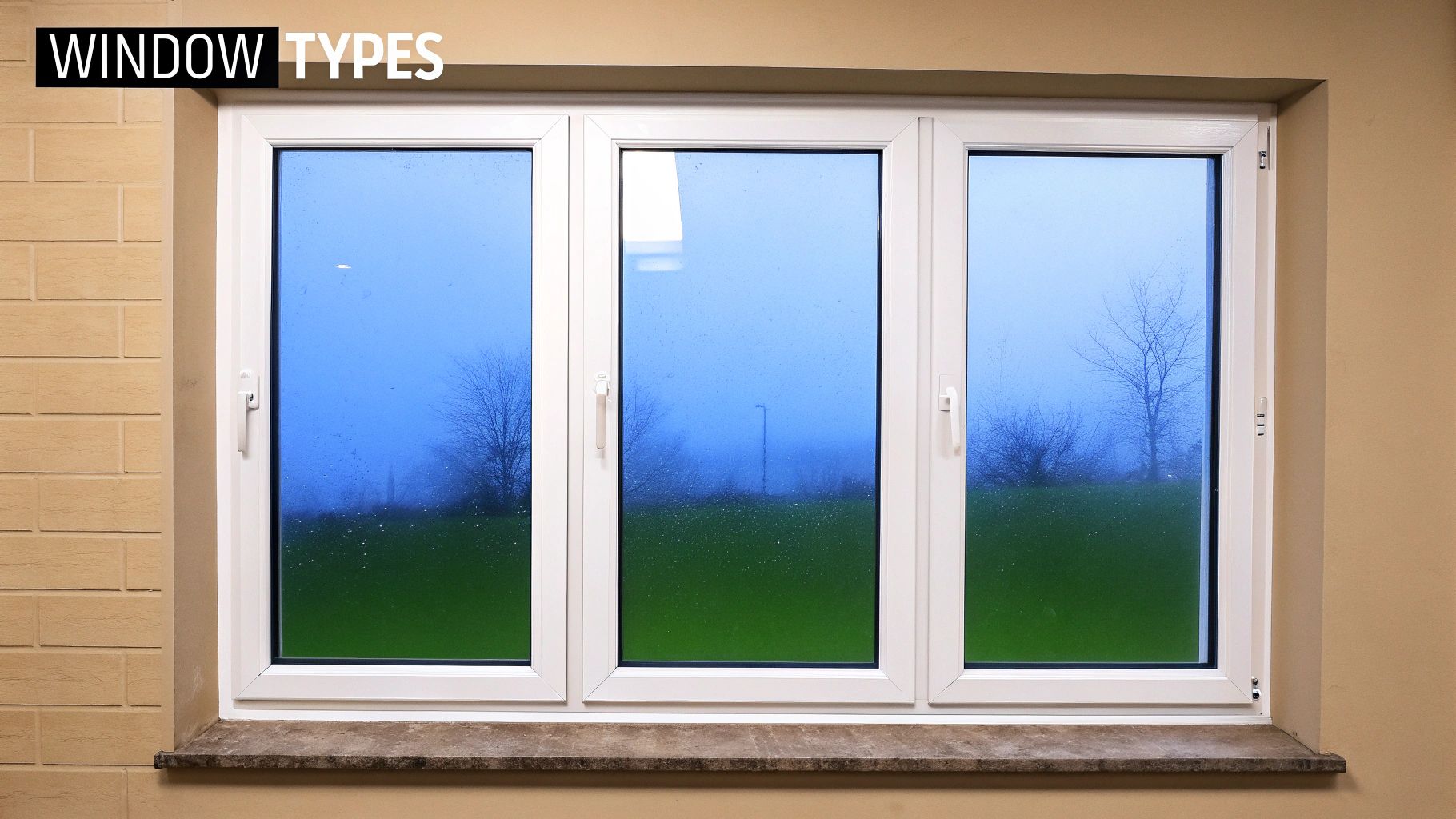 A modern triple window with white frames and blue glass overlooking a foggy landscape.