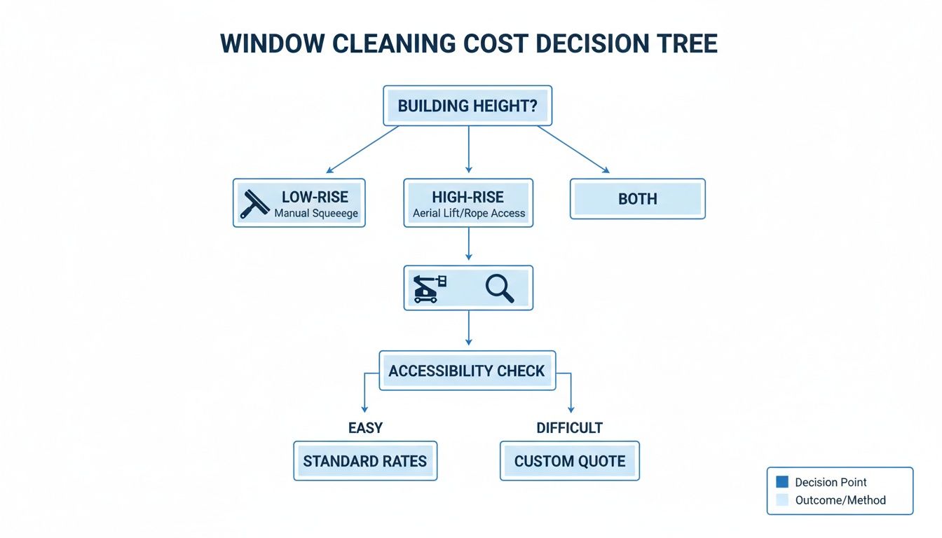 Decision tree diagram for window cleaning cost based on building height and accessibility.