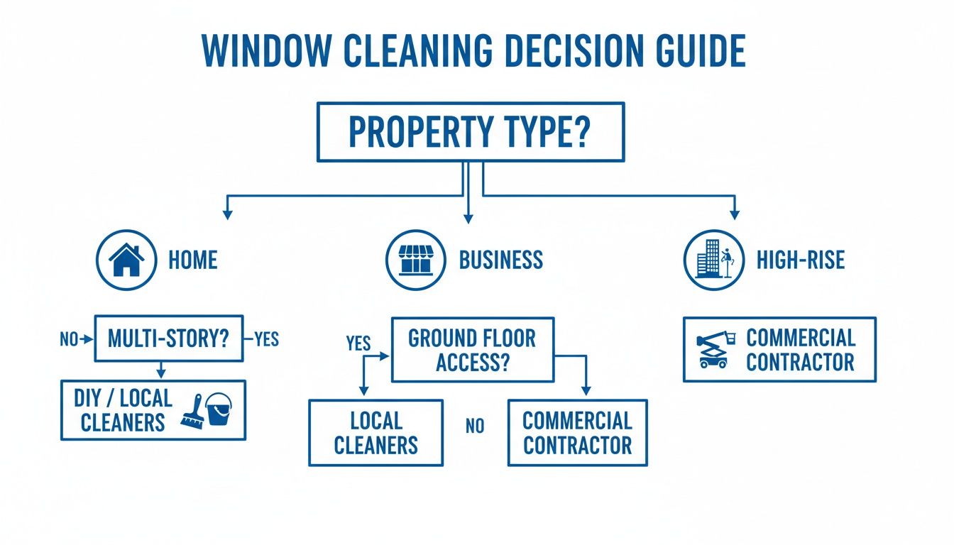 A flowchart decision guide for window cleaning based on property type and access, recommending DIY, local, or commercial cleaners.