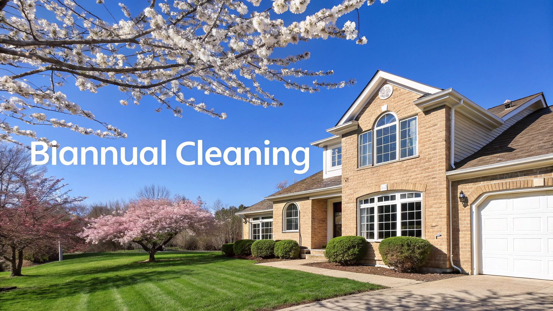 A beautiful brick house in spring with green lawn, blooming trees, and blue sky, featuring 'Biannual Cleaning' text.