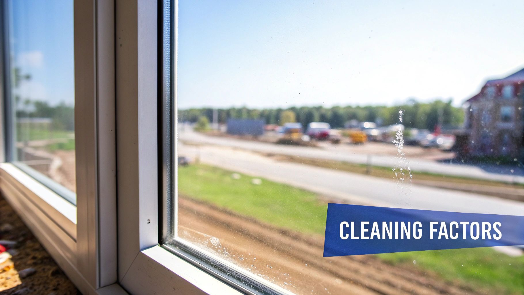 A dirty window with visible smudges overlooking a blurred outdoor scene and a 'CLEANING FACTORS' banner.