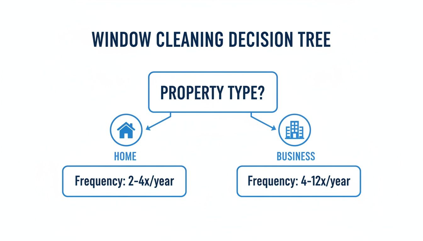 Decision tree illustrating recommended window cleaning frequency for homes and businesses.