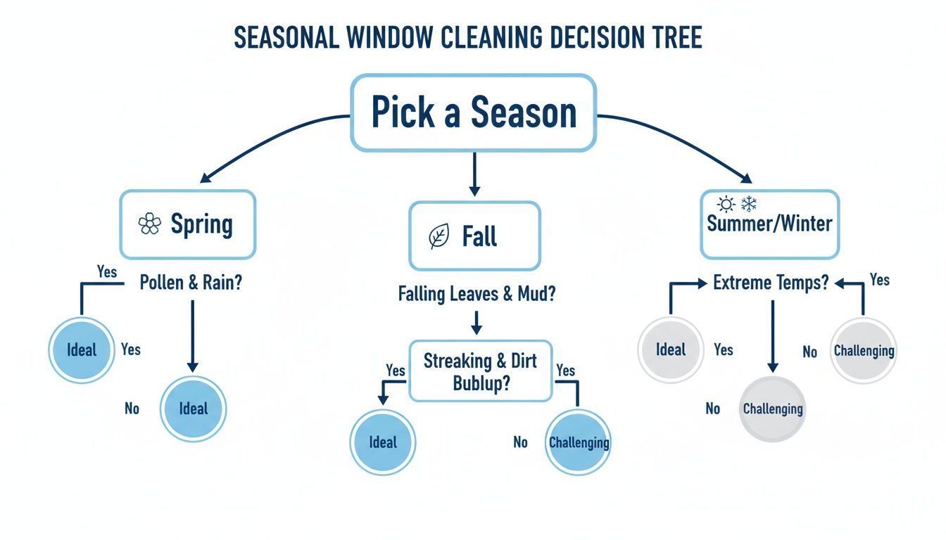 Decision tree illustrating ideal and challenging seasons for window cleaning based on weather conditions.