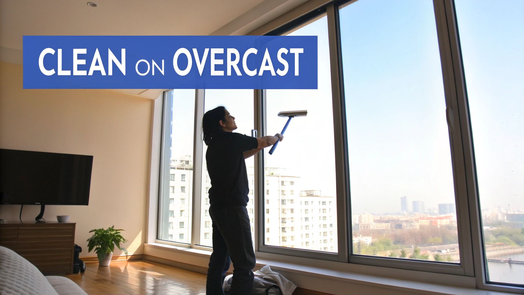 A person cleaning a large window with a squeegee, showcasing city views and a bright sky.