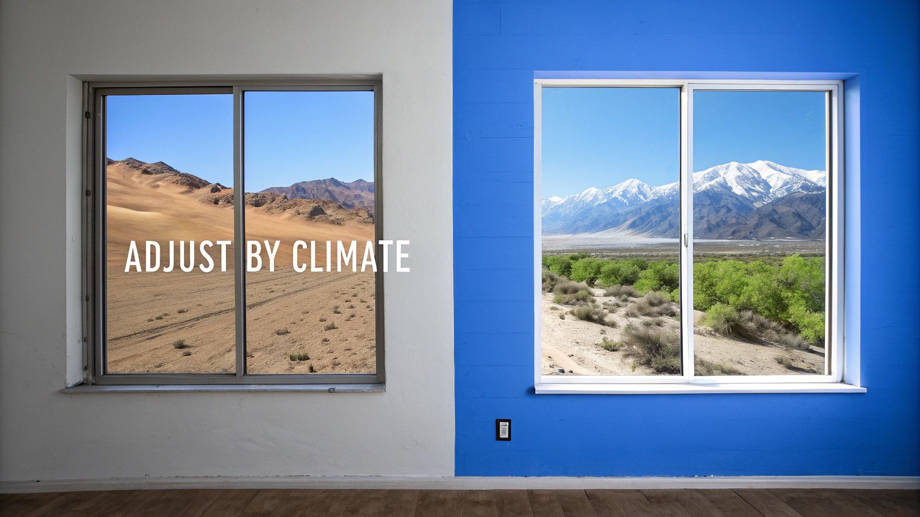 Two windows in a split-color room, contrasting desert and snowy mountain landscapes with 'ADJUST BY CLIMATE' text.