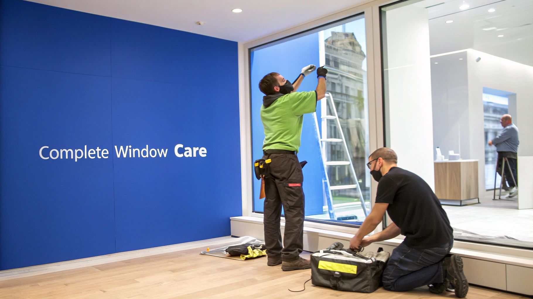 Two professional technicians are providing complete window care services in a modern commercial building with a blue wall.