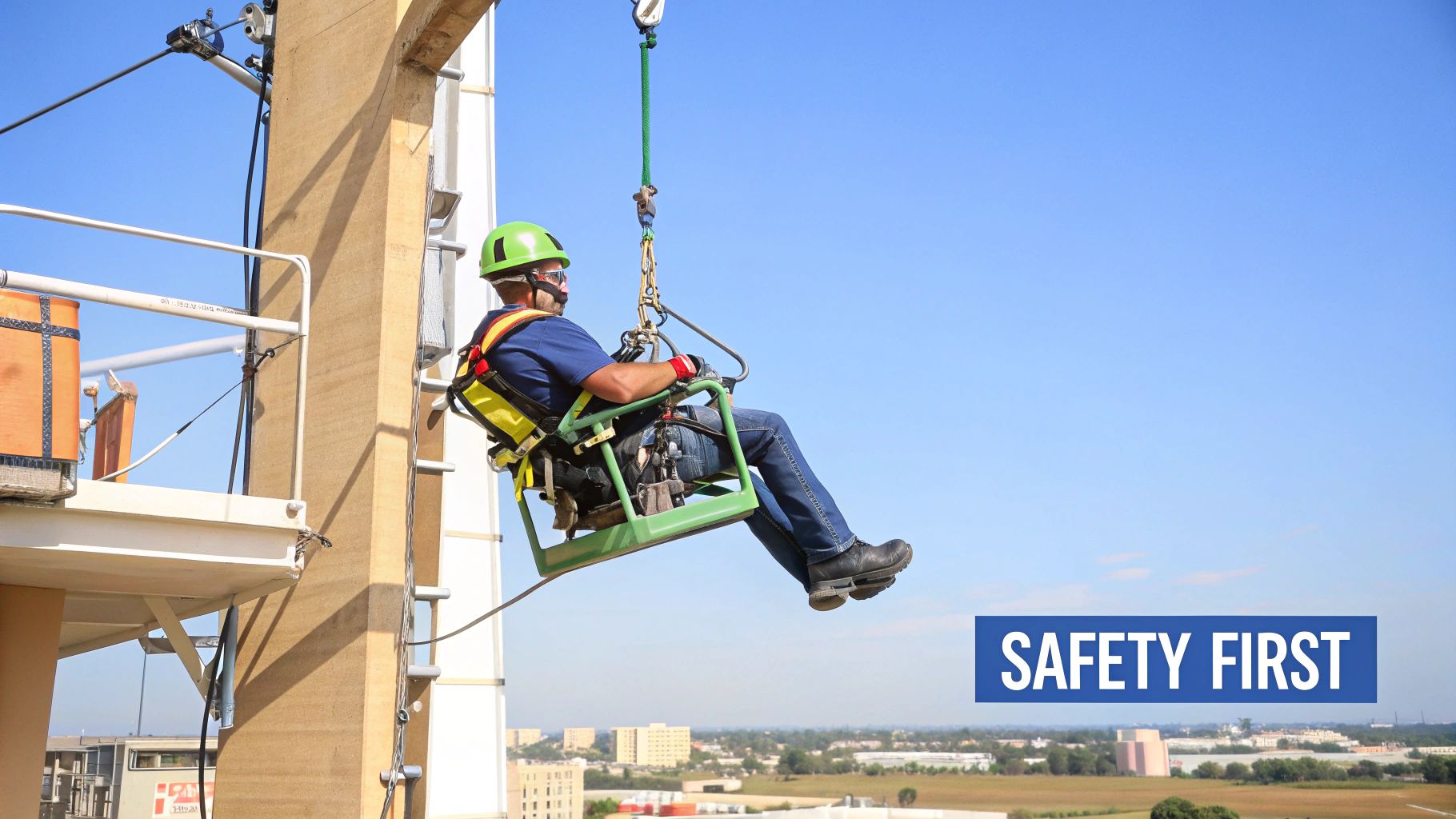 Worker in safety harness and hard hat on a suspended platform high above a city.
