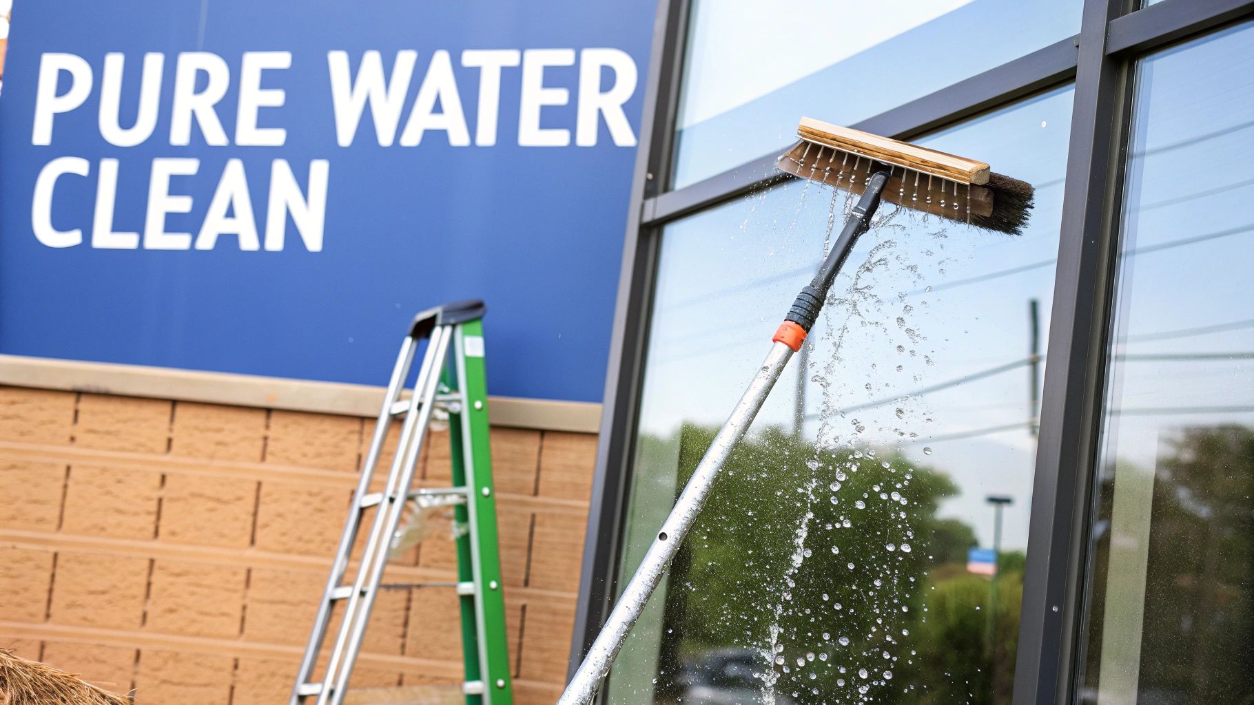 A professional window cleaner uses a long-reach water-fed pole brush to clean commercial building windows, with a 'PURE WATER CLEAN' sign.