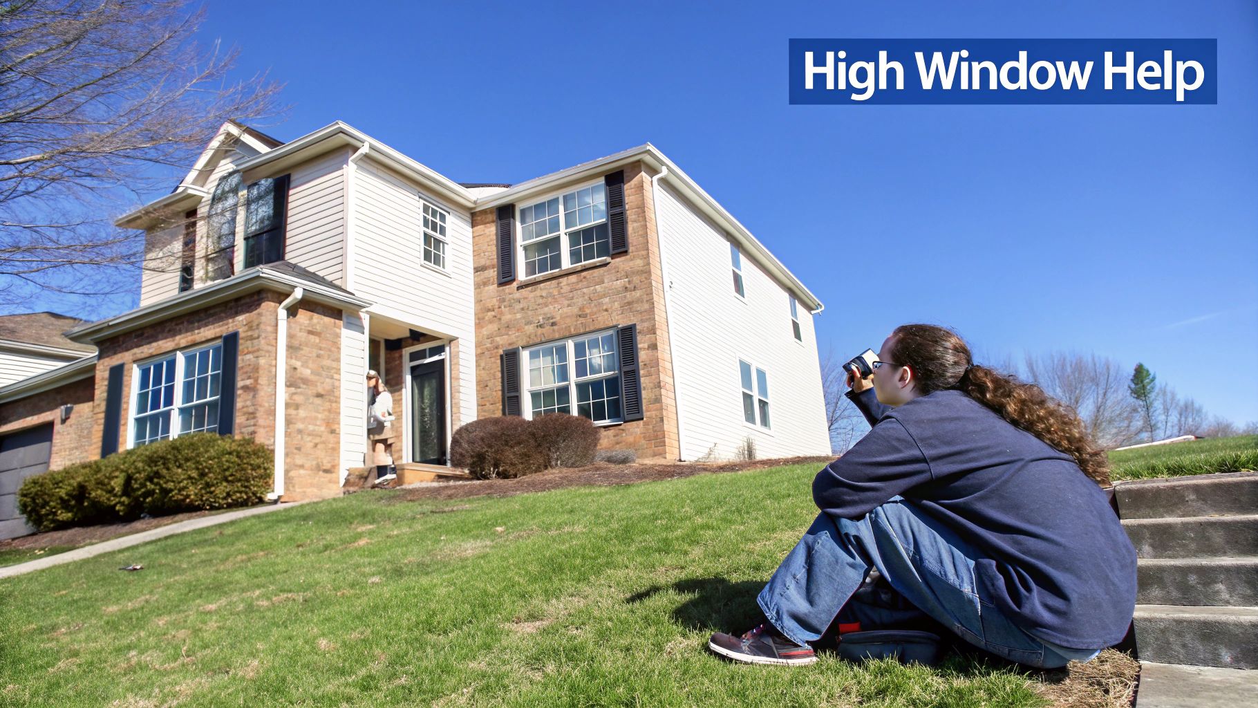 A person sits on a grassy hill, looking up at a large house with several high windows.
