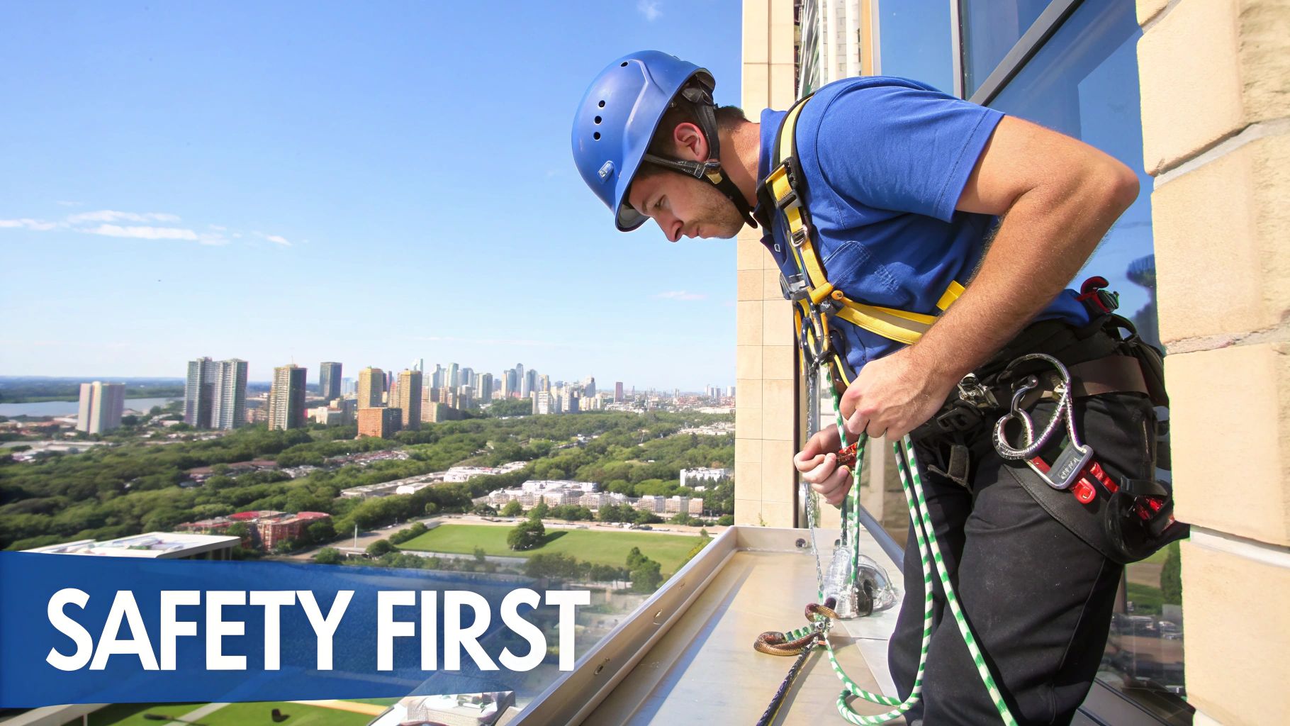 A worker in safety gear on a building ledge with a city view, and 'SAFETY FIRST' overlay.