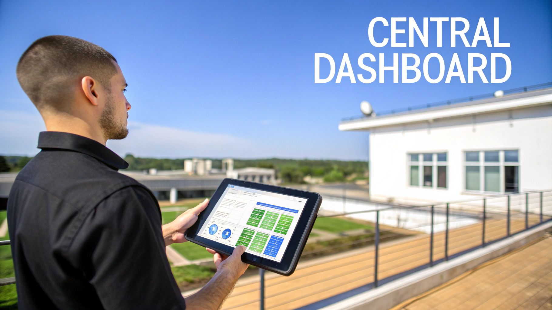 A man on a rooftop views a central dashboard on a tablet, overseeing a facility.
