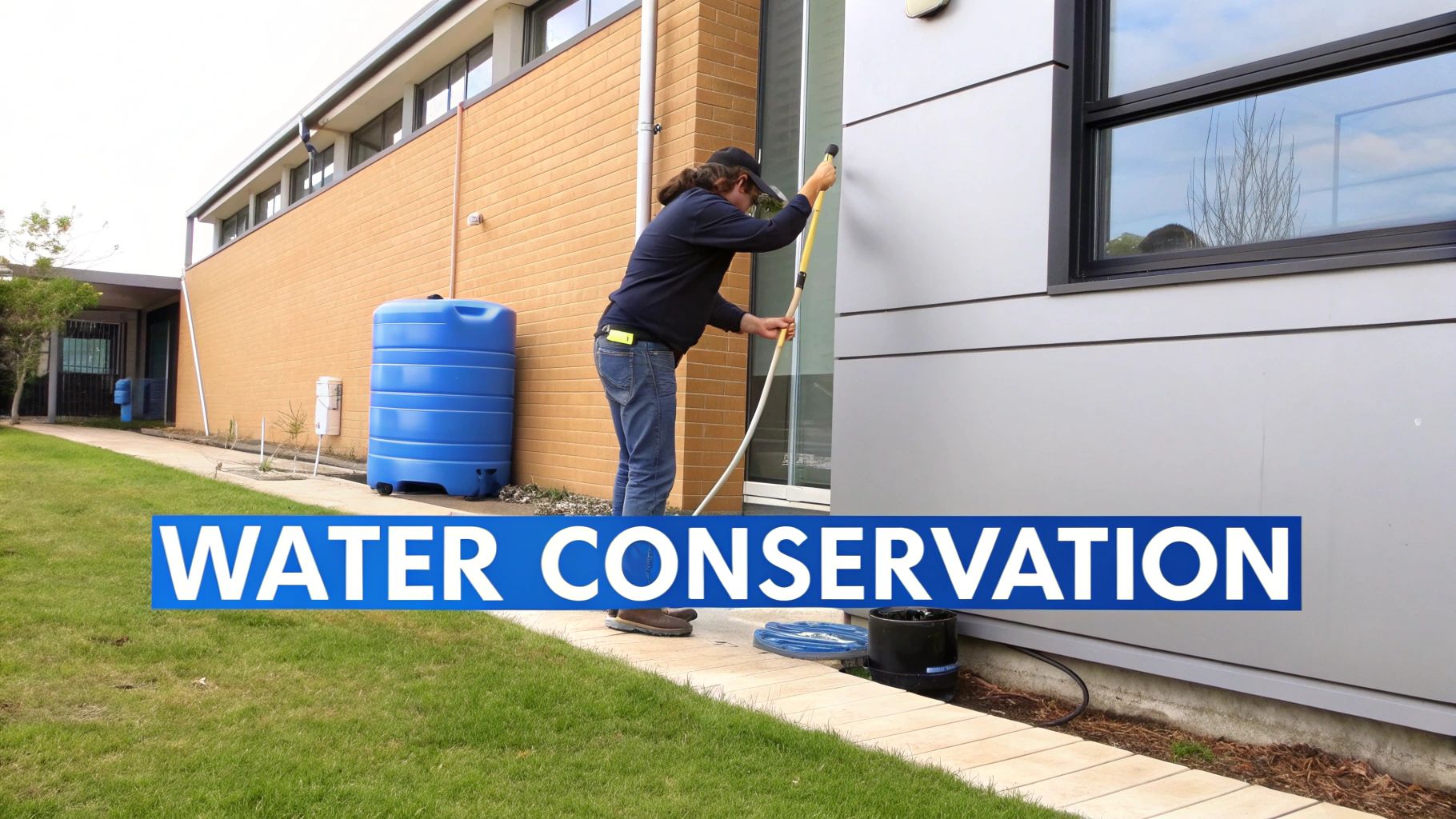 Person near a building with a blue water tank, emphasizing water conservation.