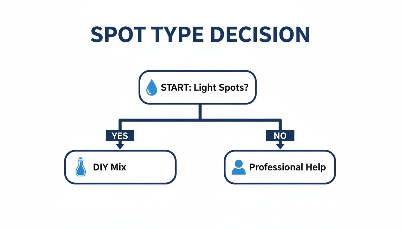 A flowchart showing a decision process for spot types: 'Light Spots?'. Yes leads to 'DIY Mix', No to 'Professional Help'.