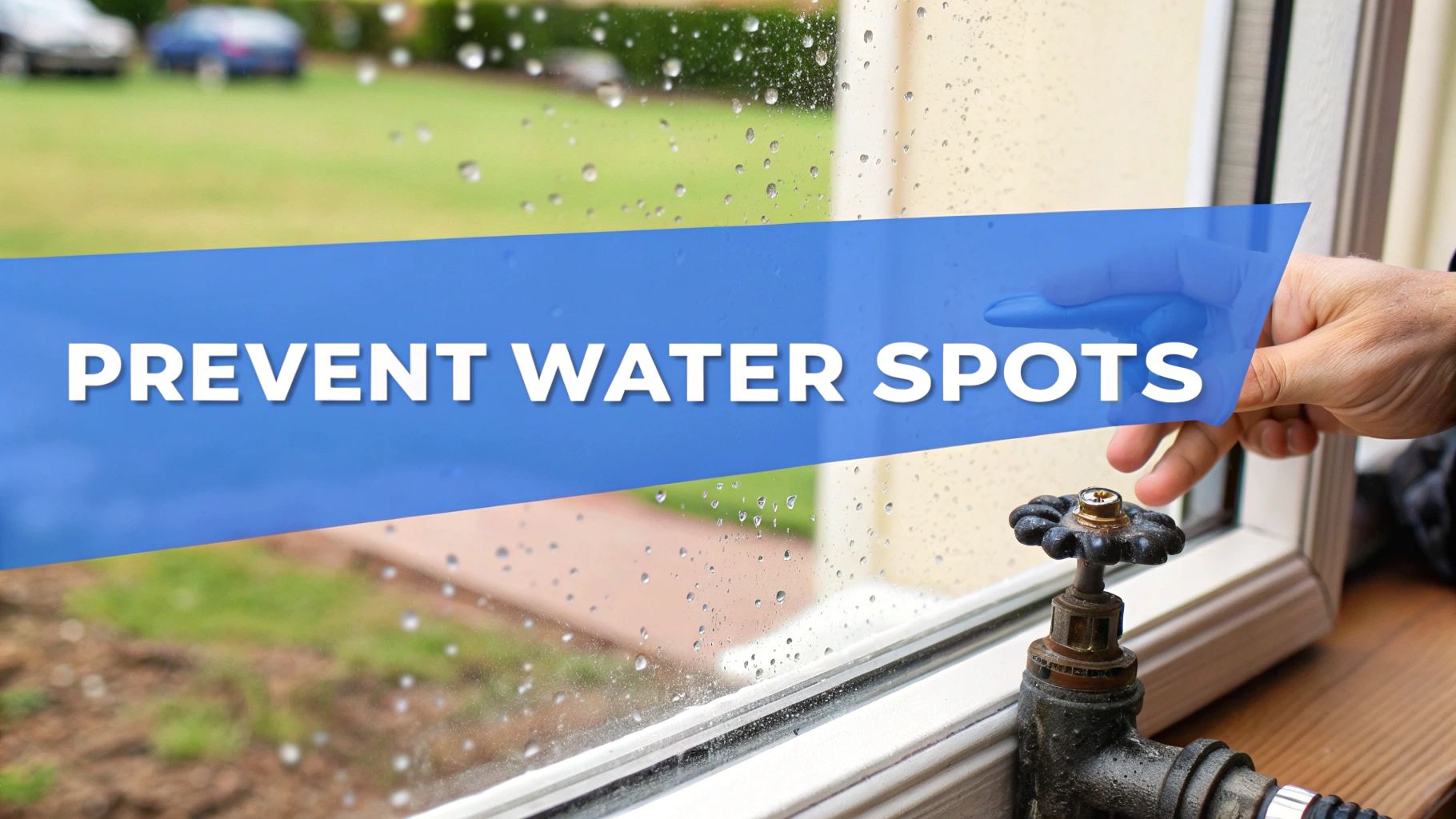 A hand opening a window with rain droplets on the glass, showing text 'PREVENT WATER SPOTS'.
