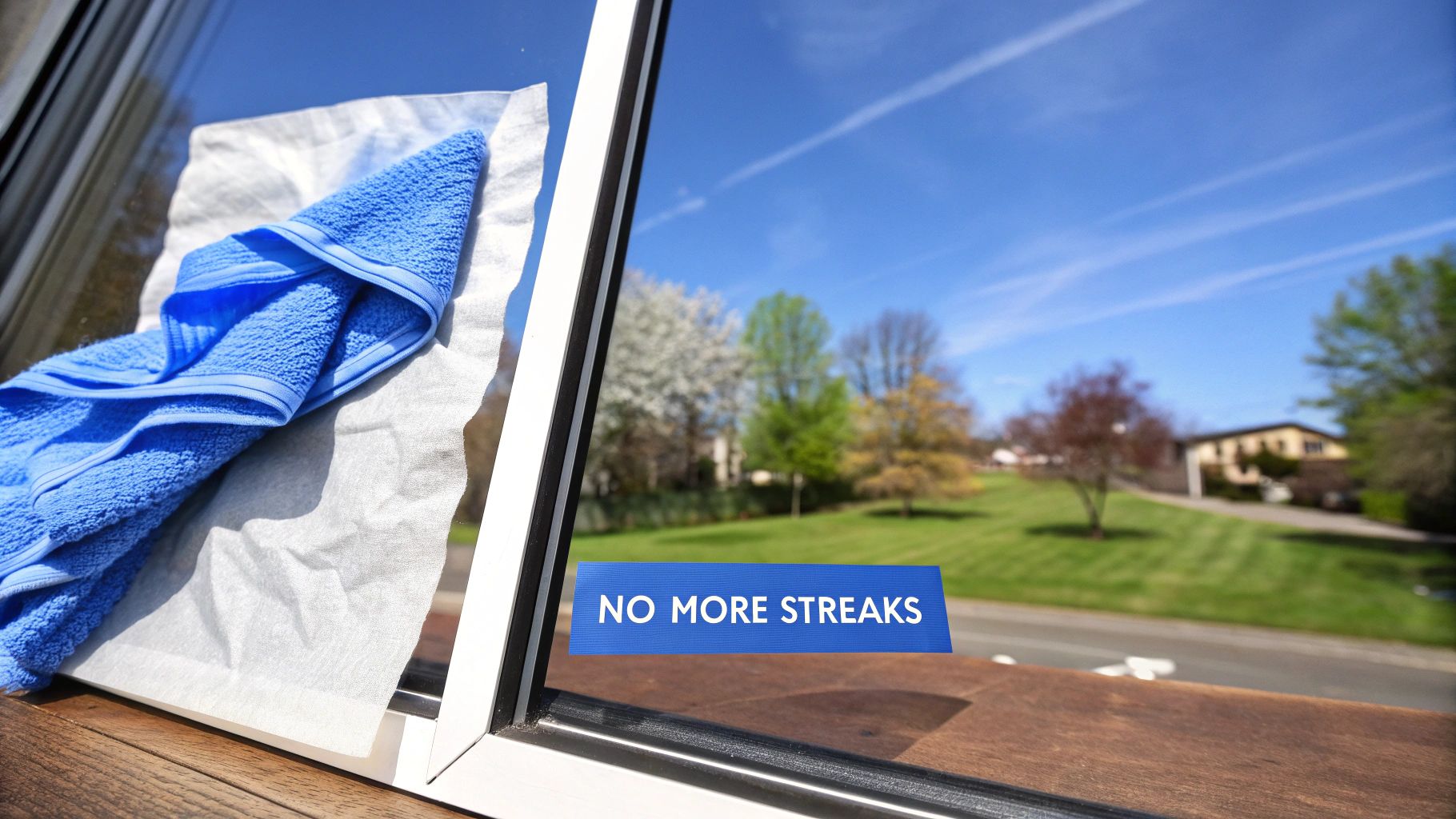 A blue towel and white cloth cleaning a window, with a 'NO MORE STREAKS' sticker visible, showcasing a clear outdoor view.