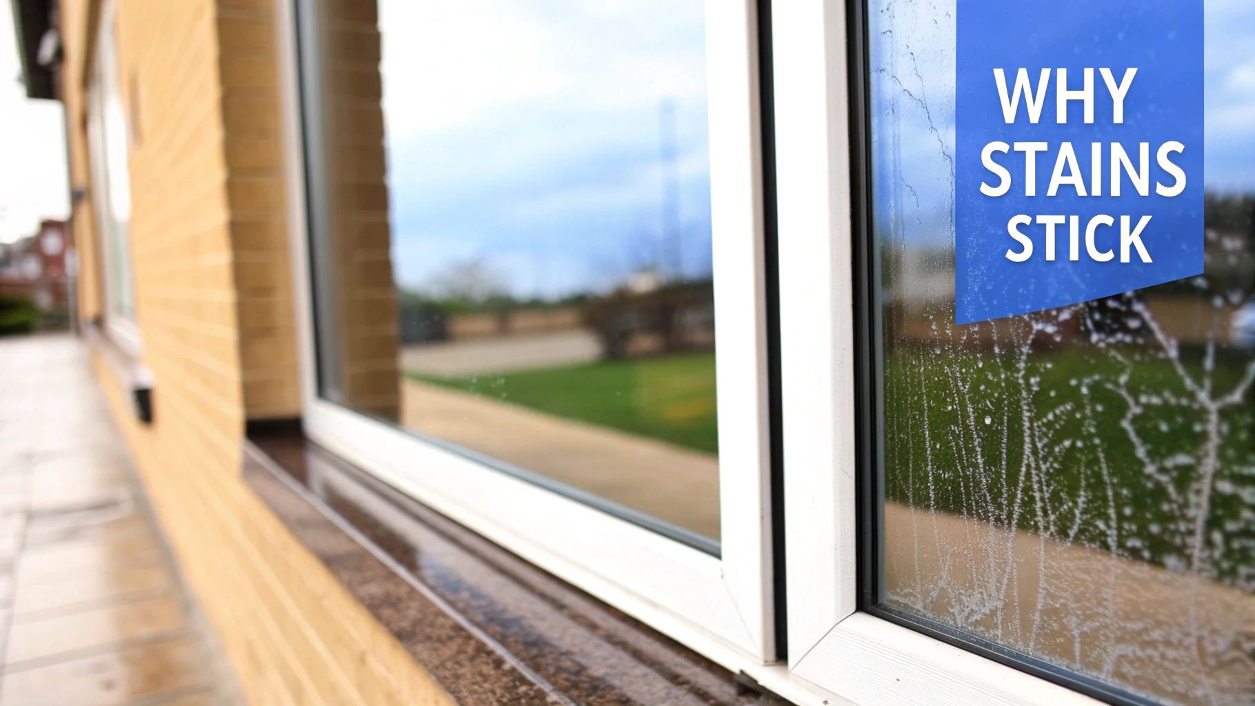 Dirty window covered in hard water stains, with a blue banner displaying 'WHY STAINS STICK'.
