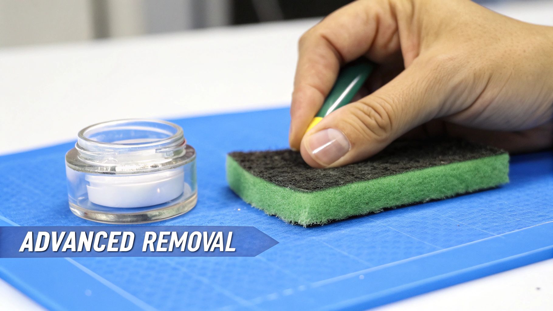 A hand vigorously scrubs a blue surface with a green and black sponge next to a clear jar.