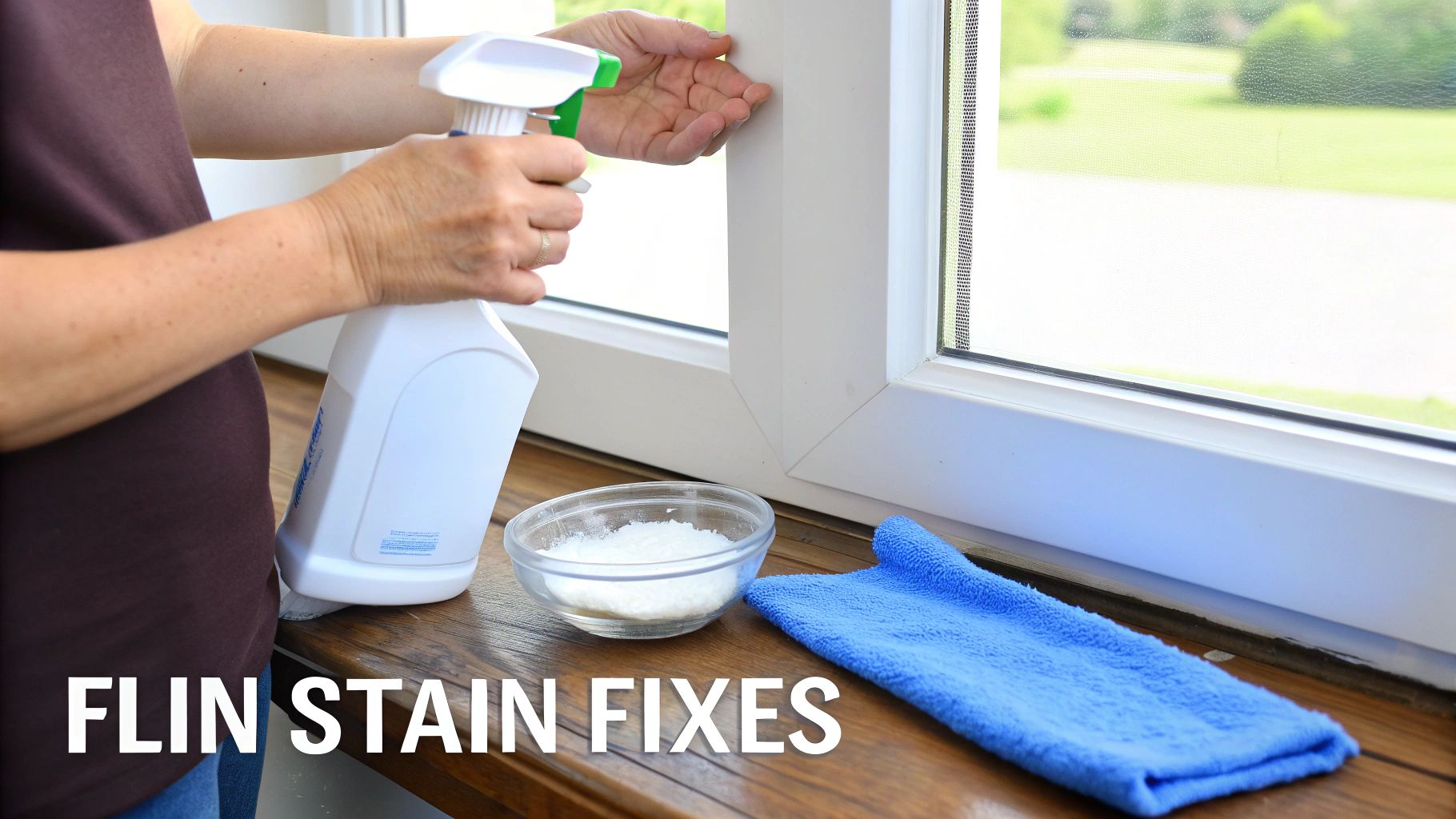 A person uses a spray bottle, white powder, and blue cloth to clean a window.
