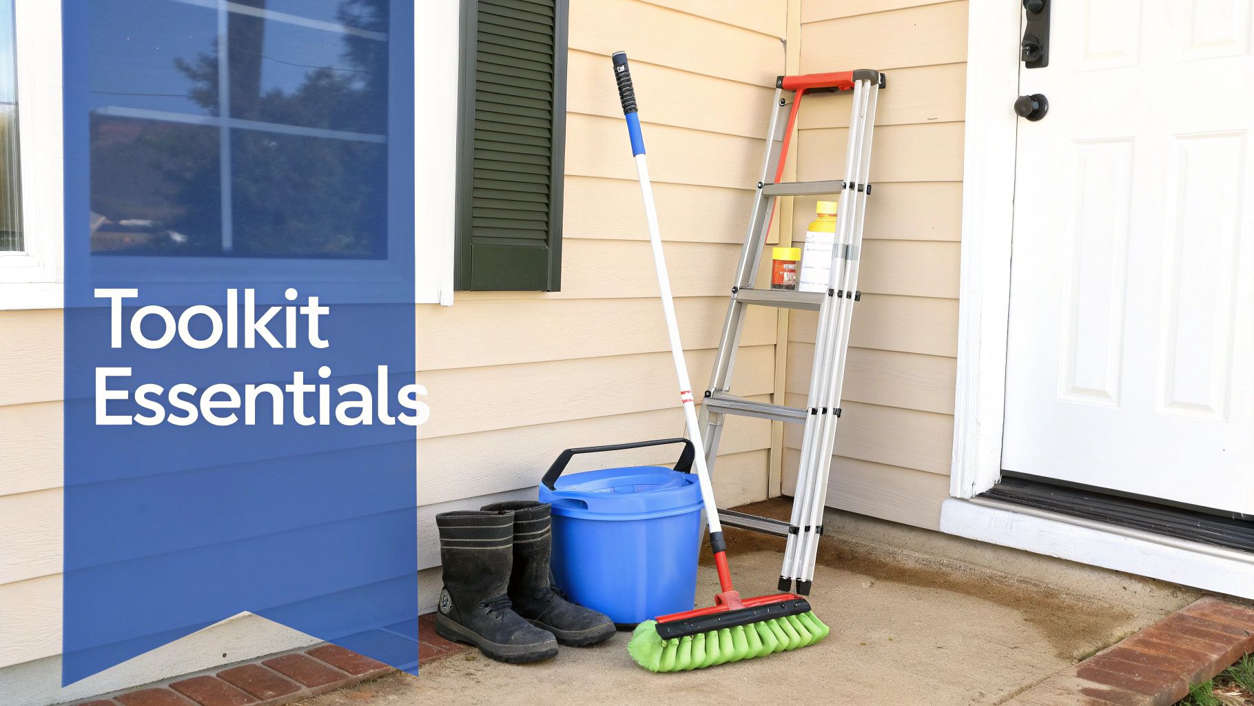 A collection of home maintenance and cleaning tools, including a ladder, broom, bucket, and boots, outside a house.