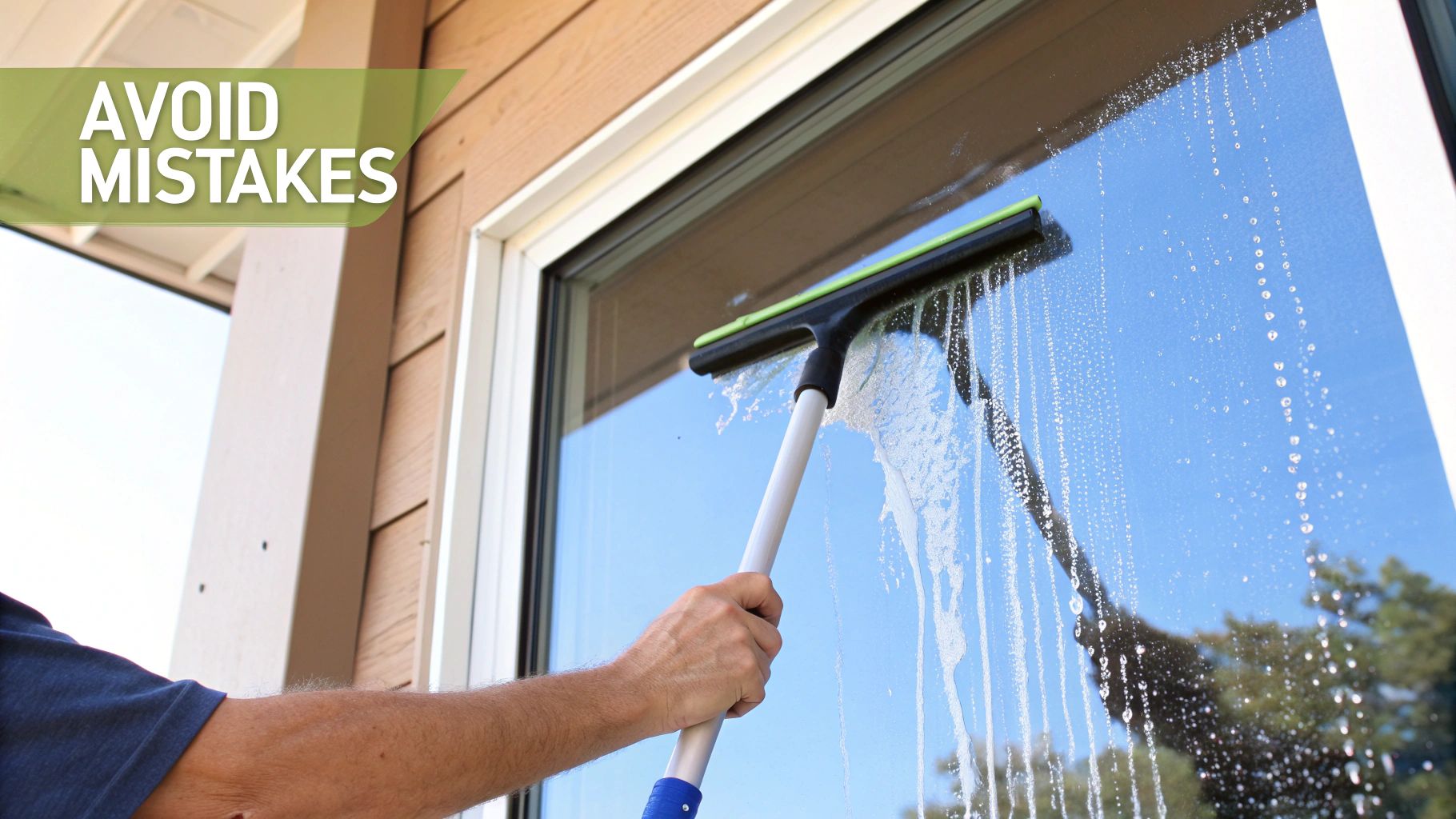 A person uses a squeegee to clean a sudsy window, with 'AVOID MISTAKES' text overlay.