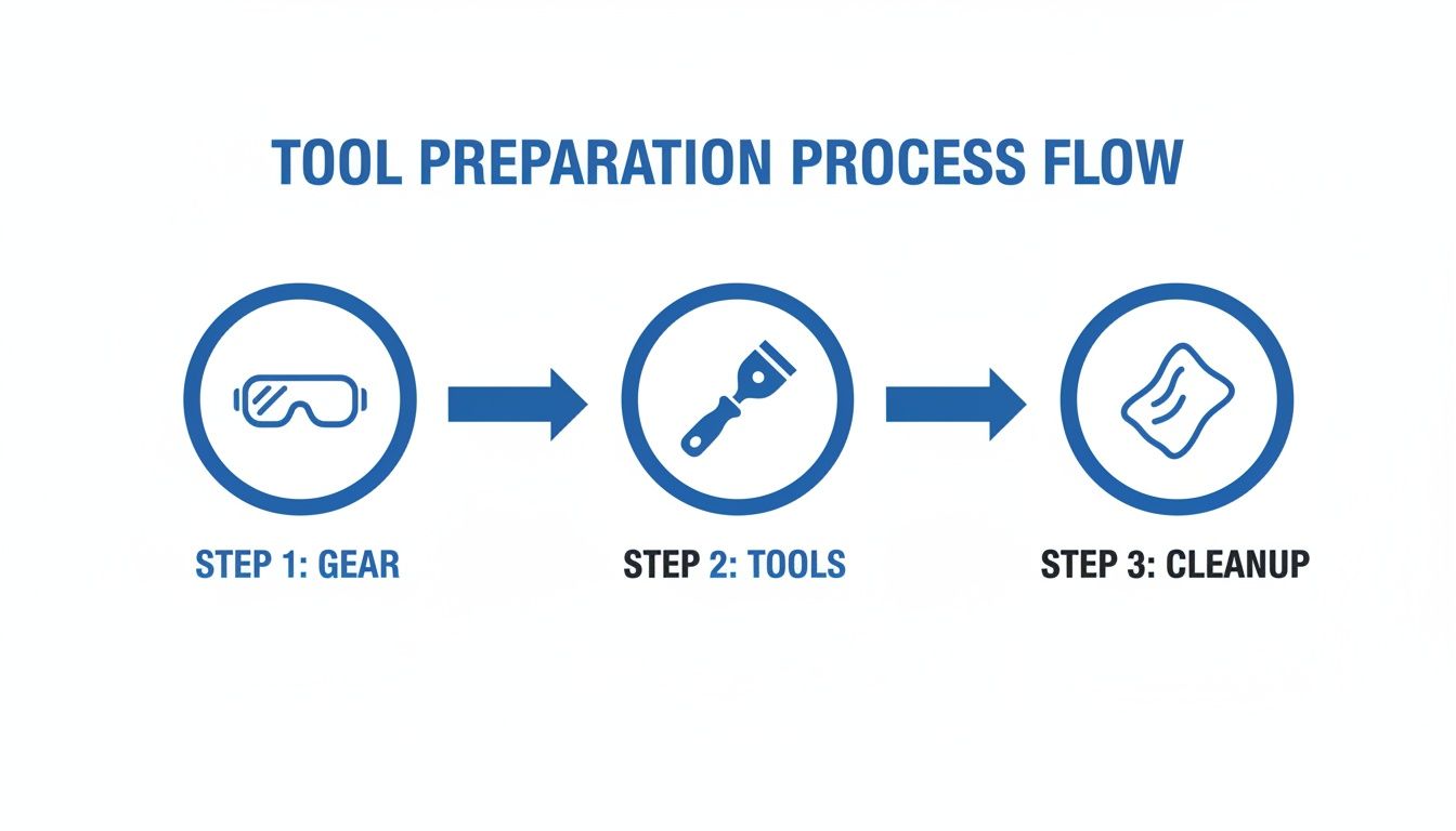 Process flow diagram showing three steps for tool preparation: gear, tools, and cleanup.