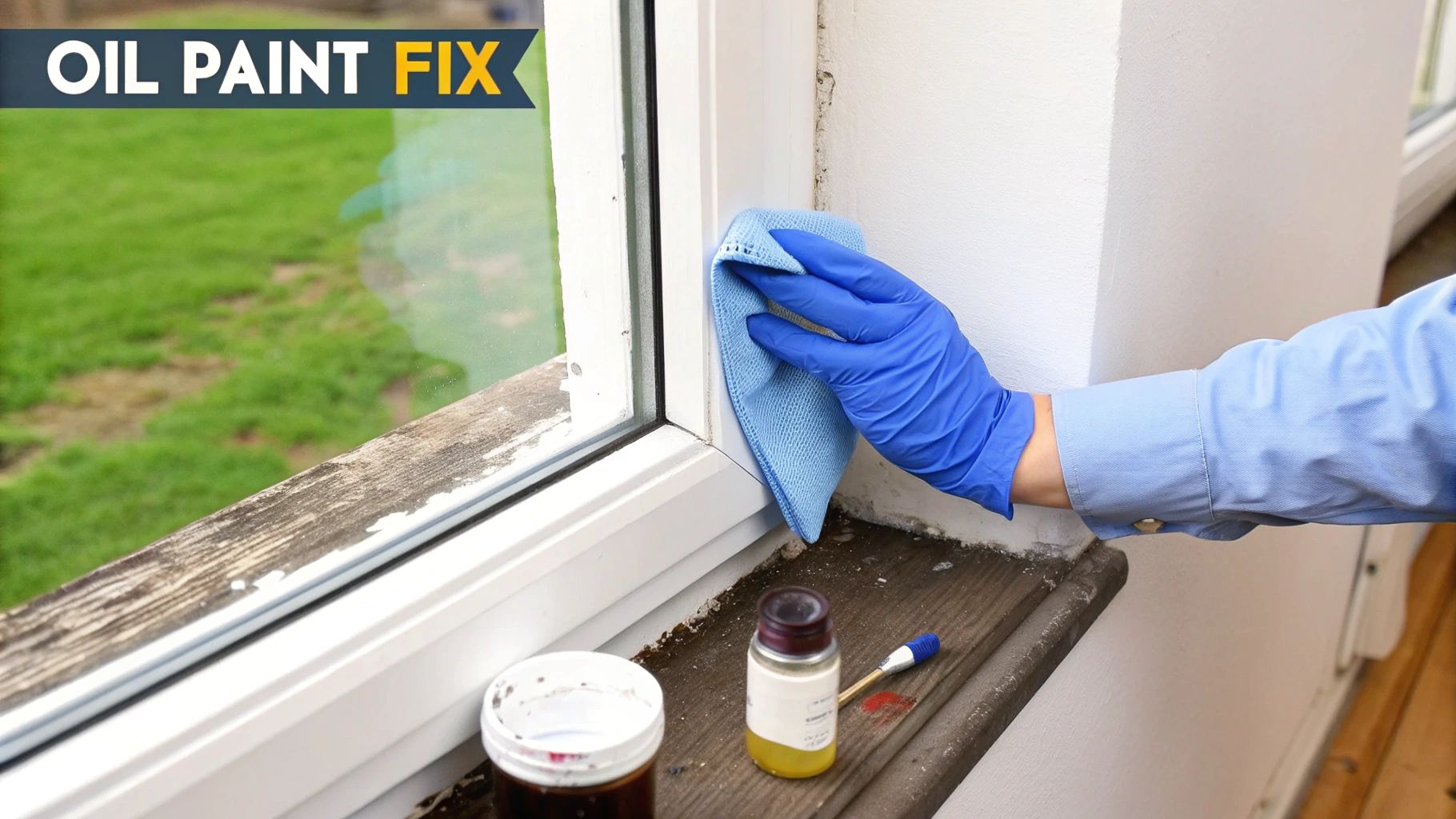 Person in blue glove cleaning white window frame with a cloth, with paint and supplies on the sill.