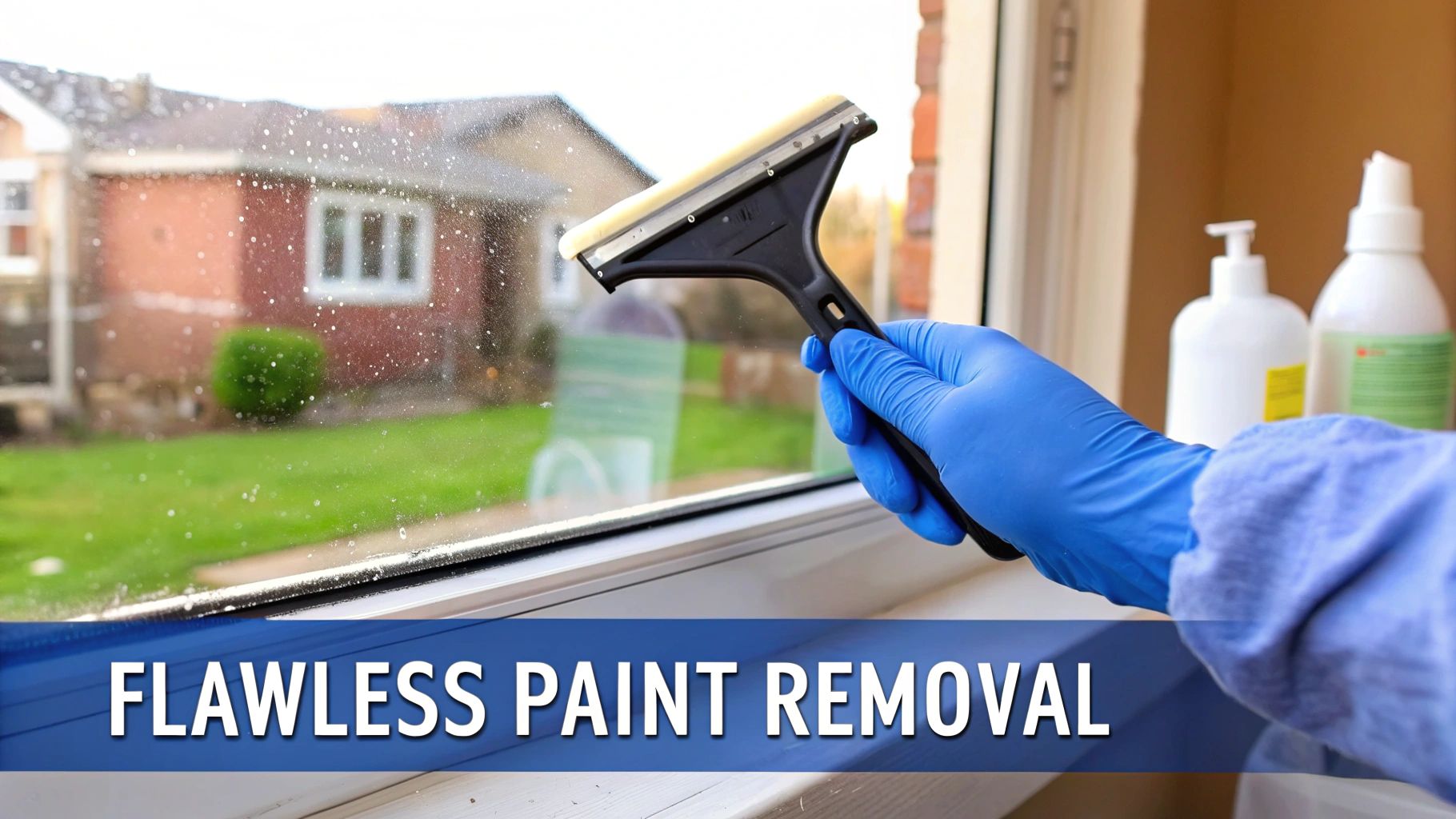 A gloved hand uses a scraper to meticulously remove paint splatters from a residential window, ensuring a flawless finish.