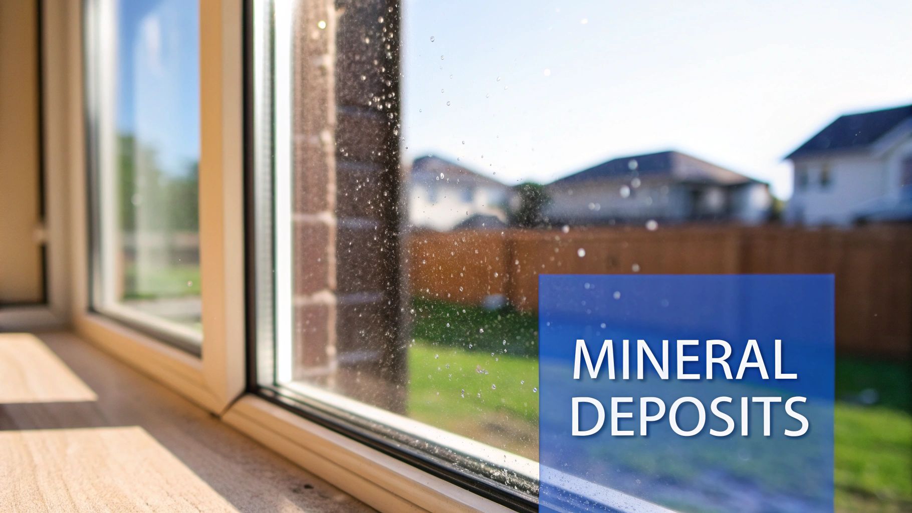 Close-up of a dirty window glass with visible mineral deposits and water spots, looking out to a sunny backyard.