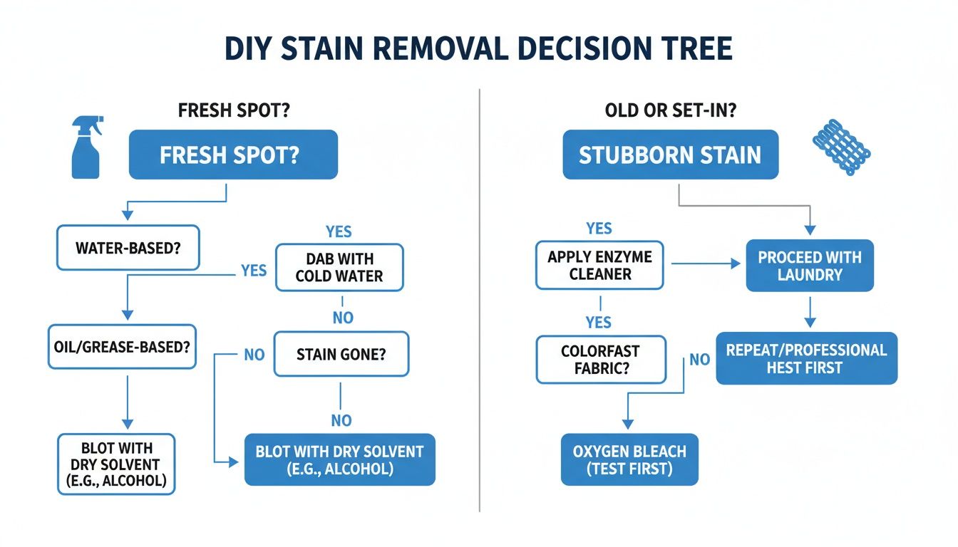 DIY stain removal decision tree with flowcharts for fresh spots (water, oil) and old stains (enzyme, bleach).