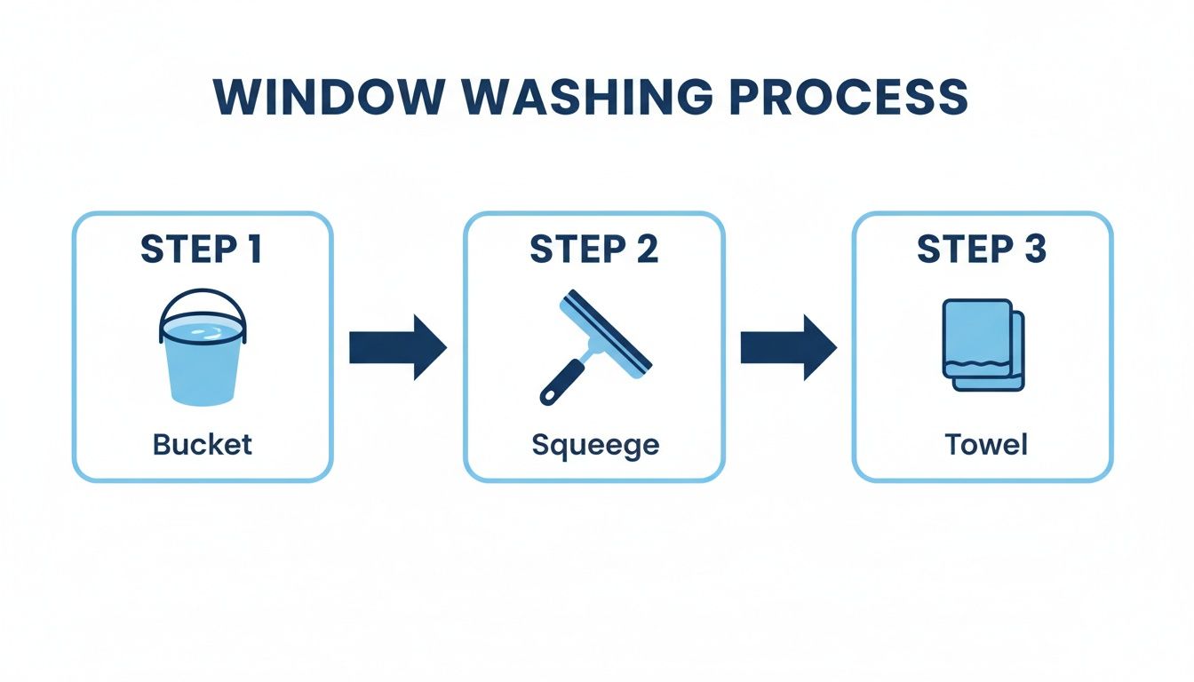 A diagram illustrating a 3-step window washing process using a bucket, squeegee, and towel.