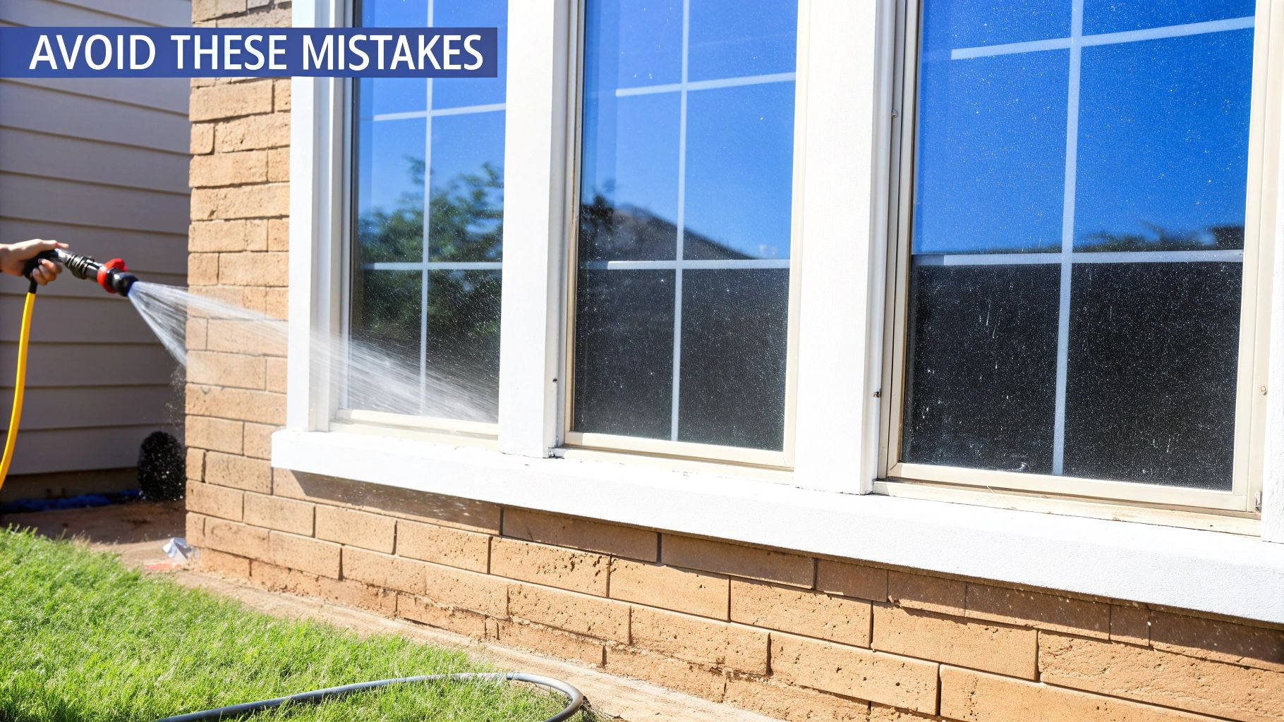 A person uses a garden hose to spray water on a dirty window of a brick house, illustrating a common mistake.