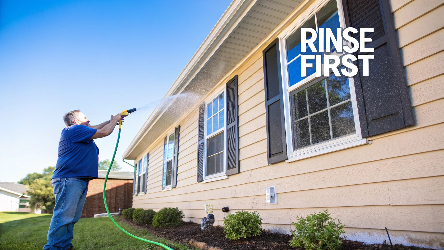 A man sprays water from a garden hose towards the light-colored siding and windows of a house on a sunny day.