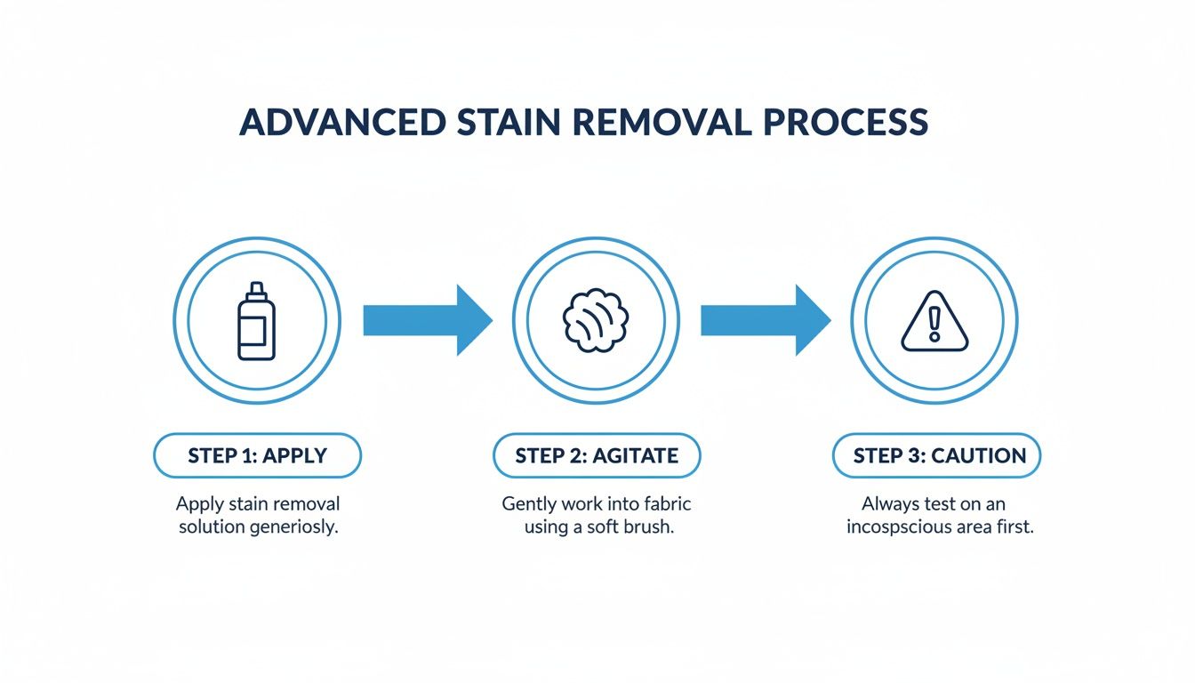 An infographic detailing an advanced stain removal process with steps: apply, agitate, and caution.