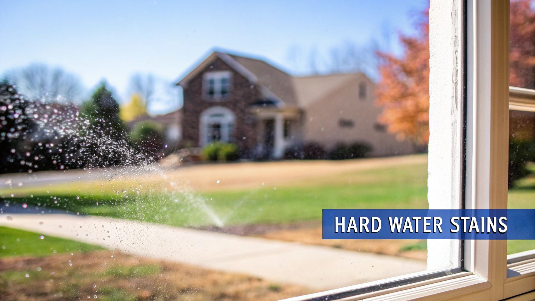 A close-up of a window covered in hard water stains and droplets, looking out at a blurred suburban house and lawn with a sprinkler.
