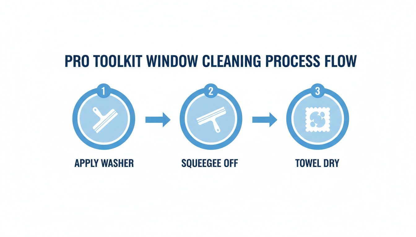 Visual guide illustrating a three-step window cleaning process: apply washer, squeegee off, and towel dry.