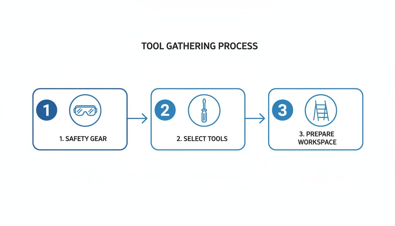 A blue and white flowchart outlines the tool gathering process, detailing steps for safety gear, selecting tools, and preparing the workspace.