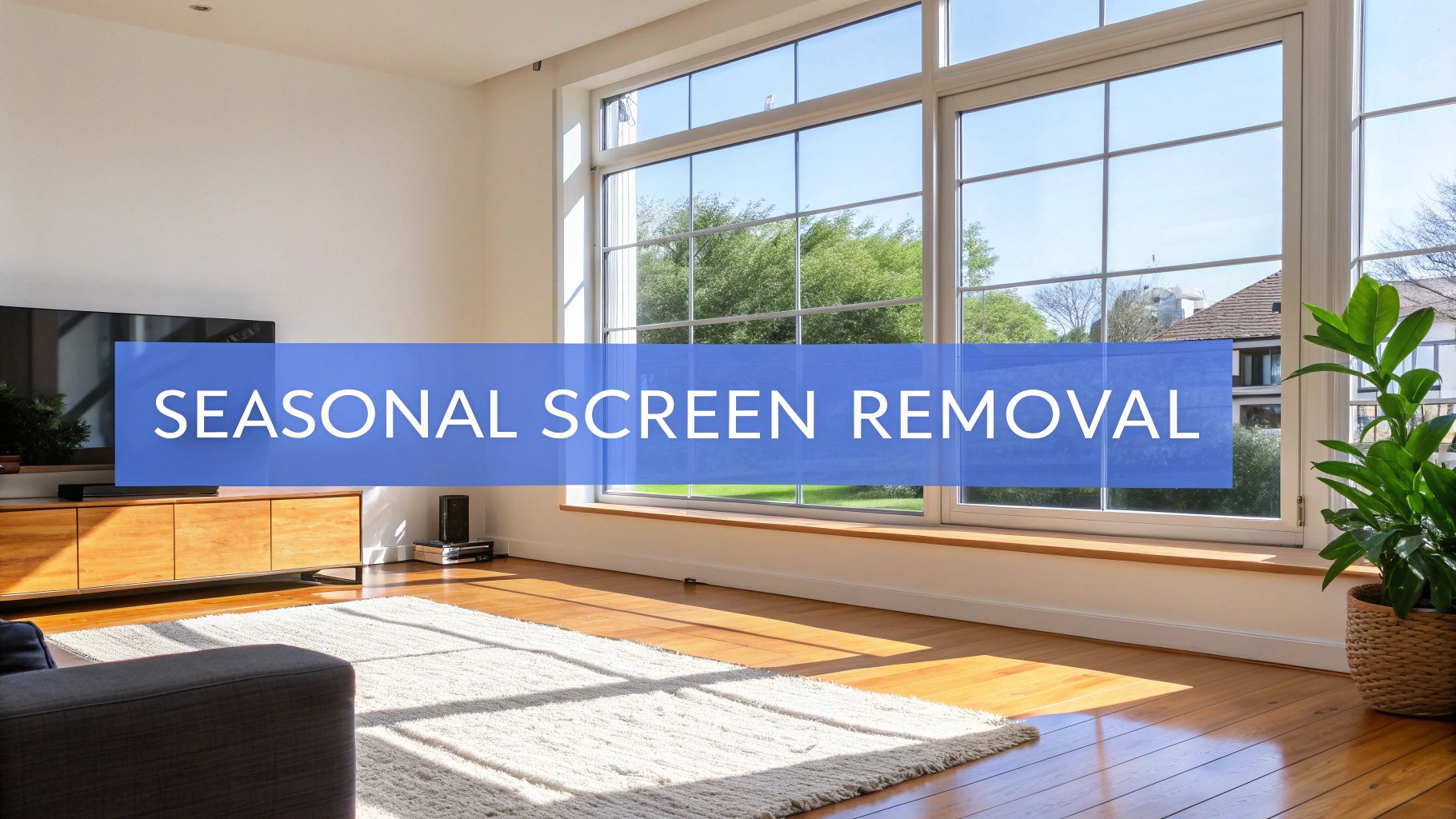 A modern living room with large windows showing trees outside, featuring a blue text overlay: SEASONAL SCREEN REMOVAL.