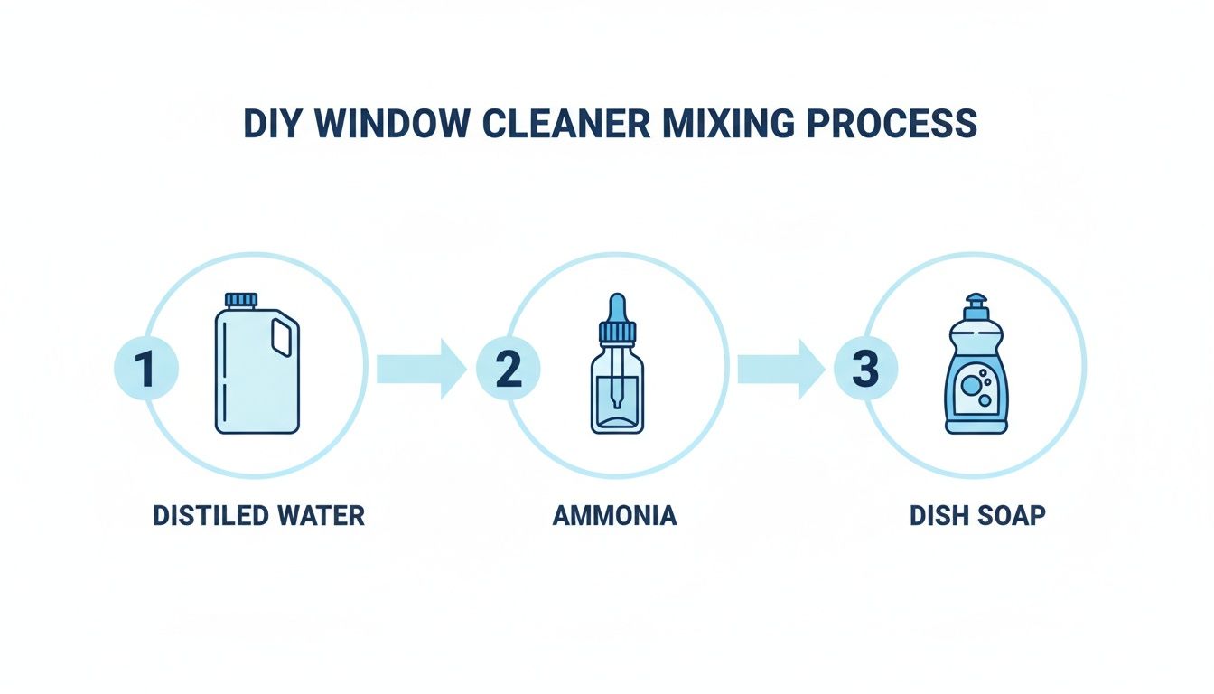 A three-step diagram showing ingredients for DIY window cleaner: distilled water, ammonia, and dish soap.
