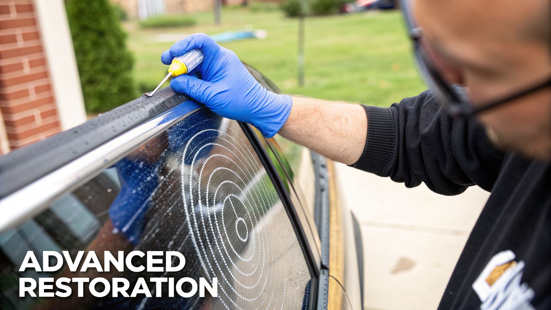 A person in blue gloves meticulously cleans a car window to remove water stains using a specialized tool.