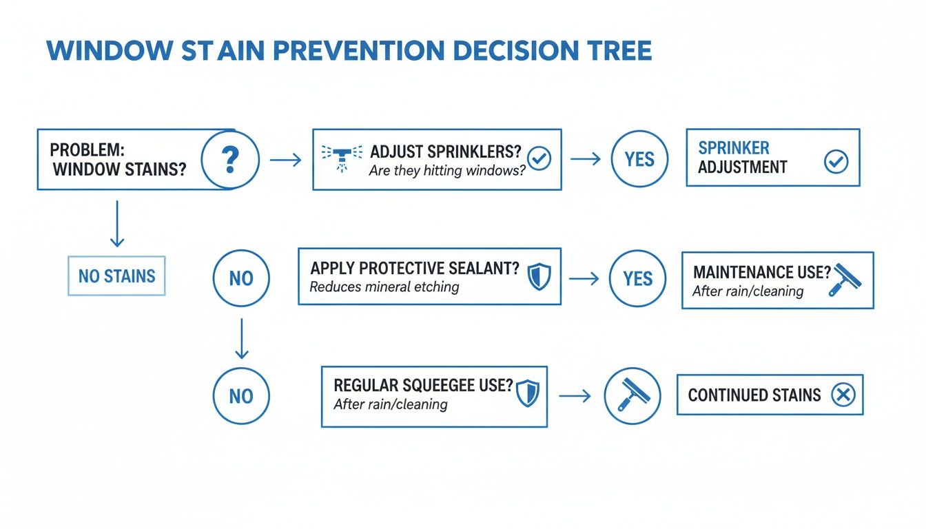 A flowchart outlining a window stain prevention decision tree, covering sprinklers, sealants, and squeegee use.