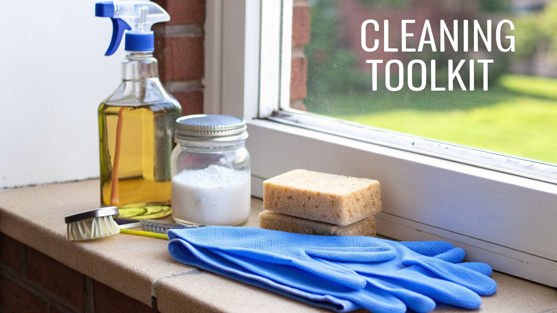 Various cleaning supplies like a spray bottle, sponges, brush, and gloves on a window sill.