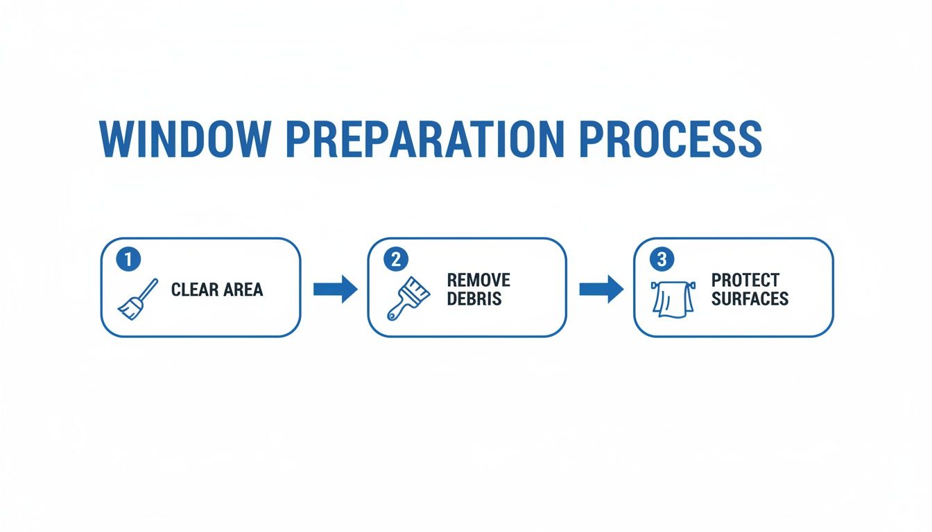 A diagram illustrating three steps for window preparation: clear area, remove debris, and protect surfaces.