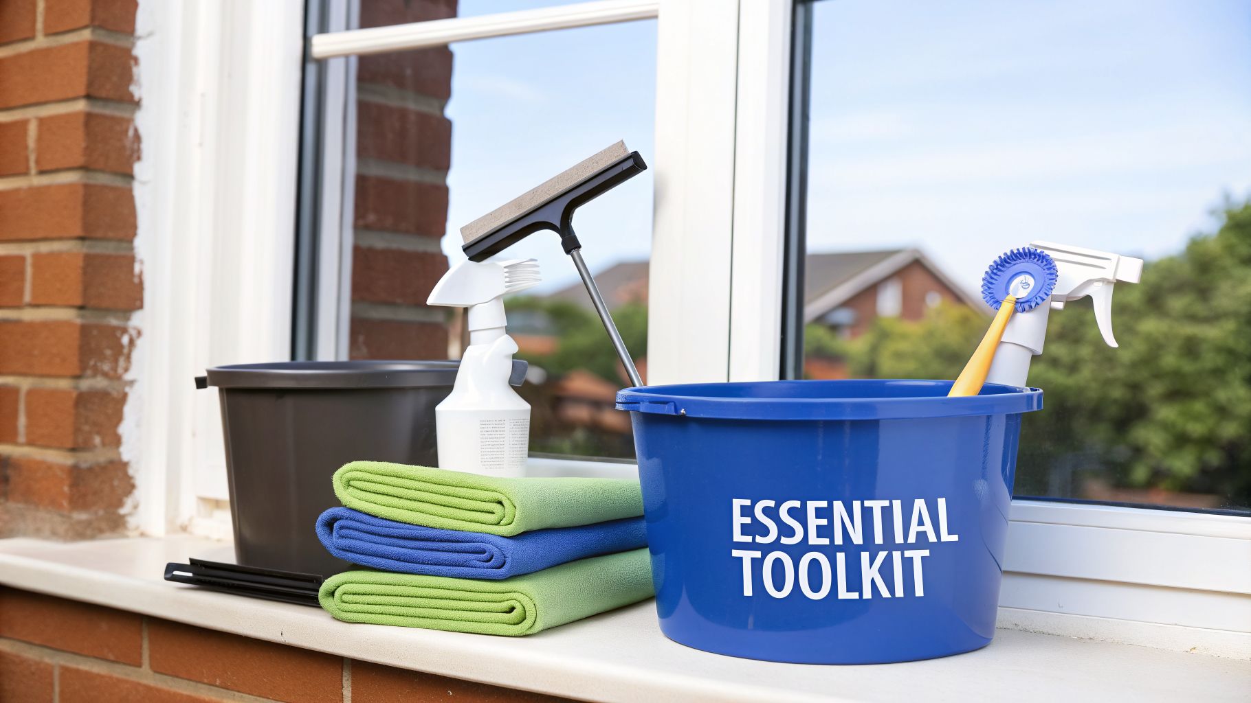 Window sill with buckets, spray bottles, a squeegee, and folded microfiber cloths for cleaning.